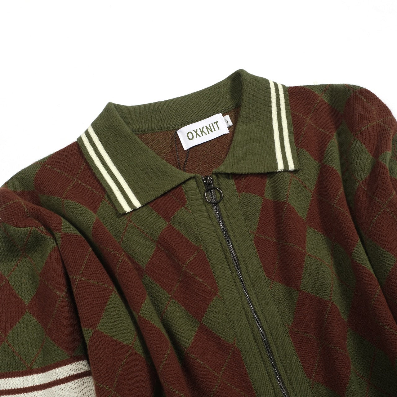 Cardigan zippé en tricot à carreaux diamant vintage vert pour hommes