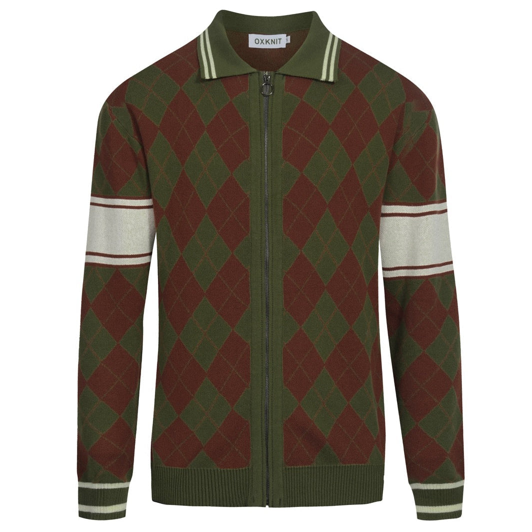 Cardigan zippé en tricot à carreaux diamant vintage vert pour hommes