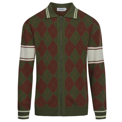 Cardigan zippé en tricot à carreaux diamant vintage vert pour hommes