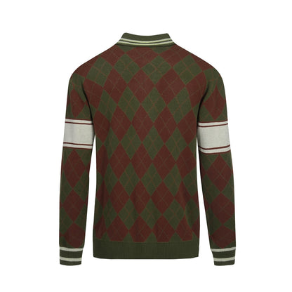 Cardigan zippé en tricot à carreaux diamant vintage vert pour hommes