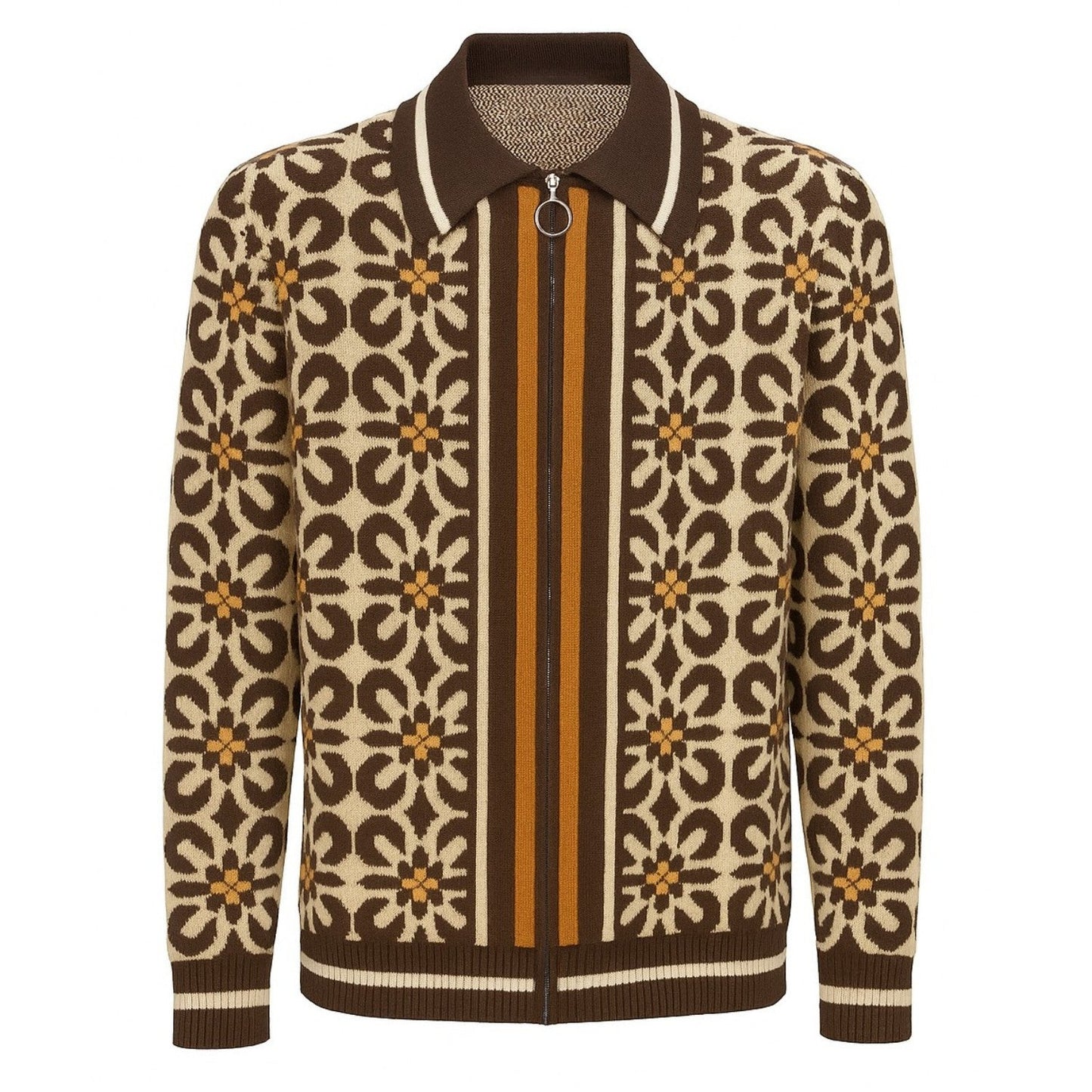 Cardigan zippé vintage en jacquard marron pour hommes des années 60
