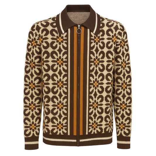 Cardigan zippé vintage en jacquard marron pour hommes des années 60