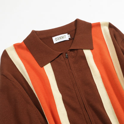 Cardigan zippé vintage tricoté pour hommes, rayé marron