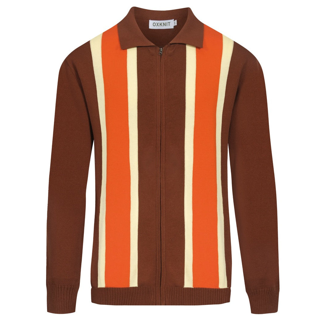 Cardigan zippé vintage tricoté pour hommes, rayé marron