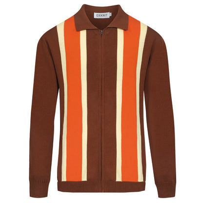Cardigan zippé vintage tricoté pour hommes, rayé marron