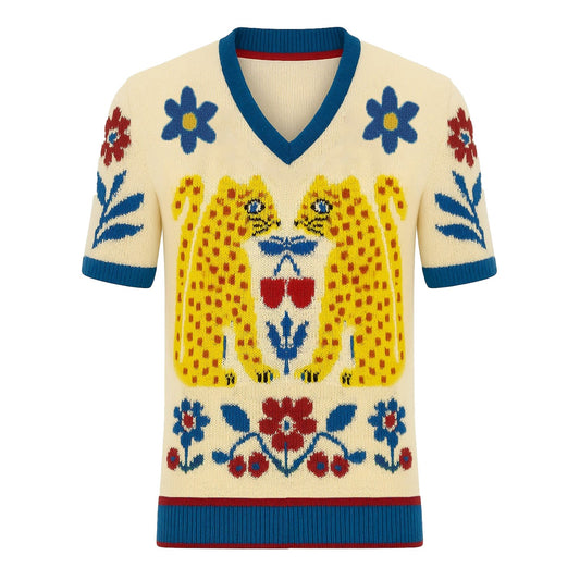 T-shirt tricoté vintage en jacquard animal abricot pour homme