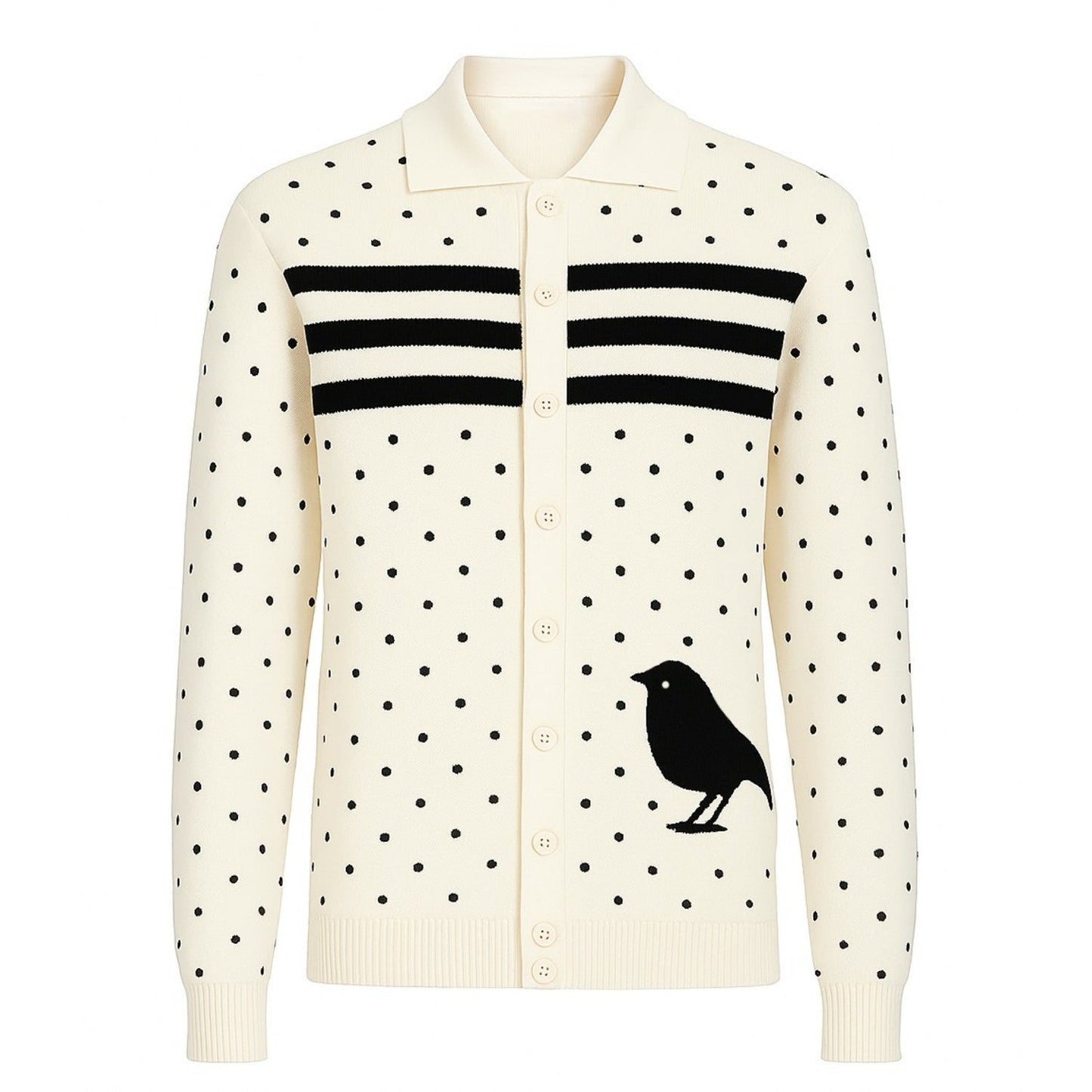 Cardigan jacquard art d'oiseau à rayures blanches pour hommes