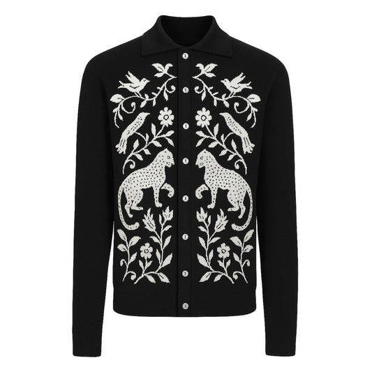 Cardigan vintage en tricot jacquard animal noir pour hommes