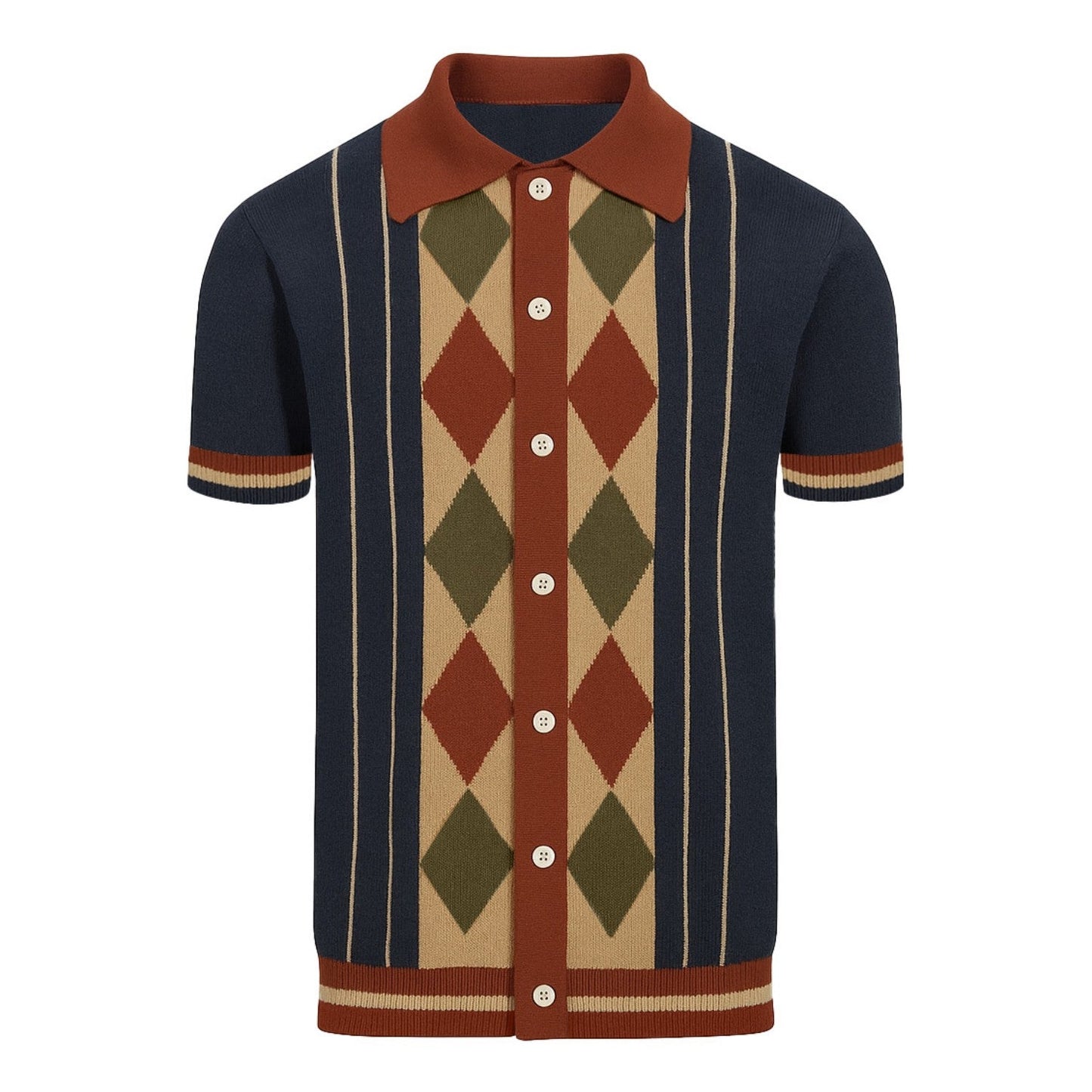 Cardigan vintage à rayures et à carreaux en diamant bleu marine pour hommes