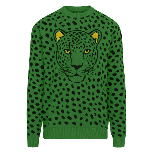 Pull jacquard vintage léopard vert pour hommes
