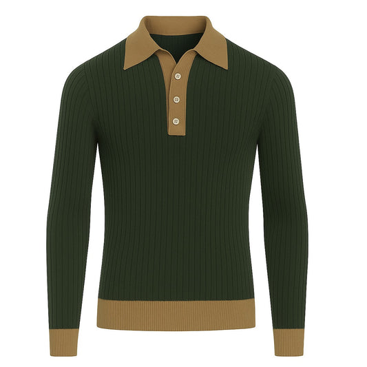 Polo en tricot vintage vert pour homme à col en V
