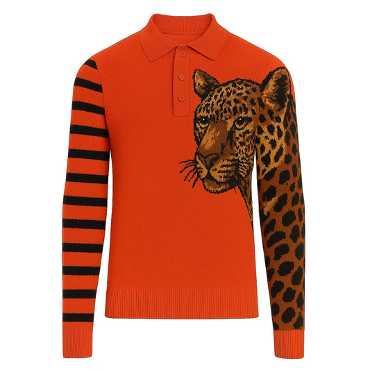 Polo tricoté pour homme à rayures léopard rouges