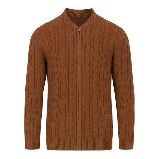 Cardigan zippé en tricot torsadé marron pour homme