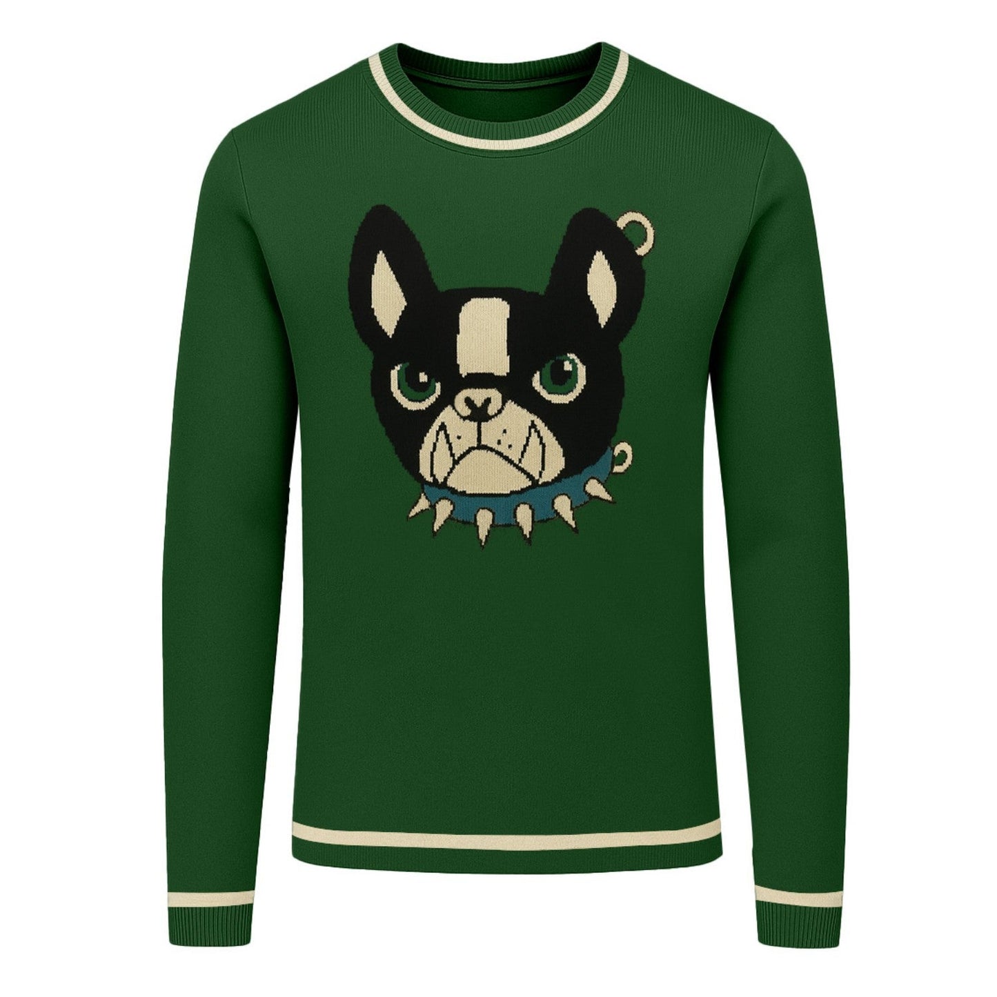 Pull en jacquard vert pour homme avec bulldog français