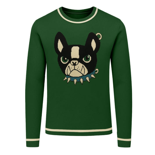 Pull en jacquard vert pour homme avec bulldog français