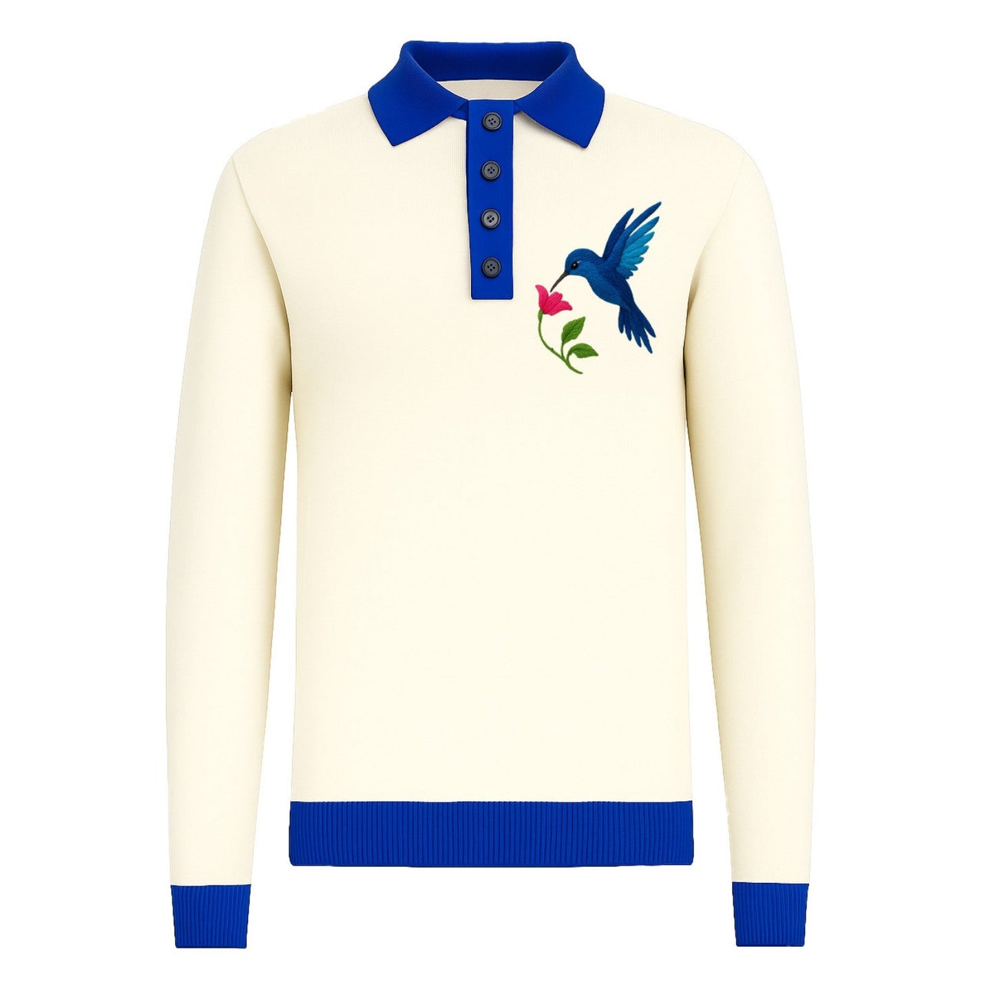 Polo tricoté blanc pour hommes avec colibri brodé