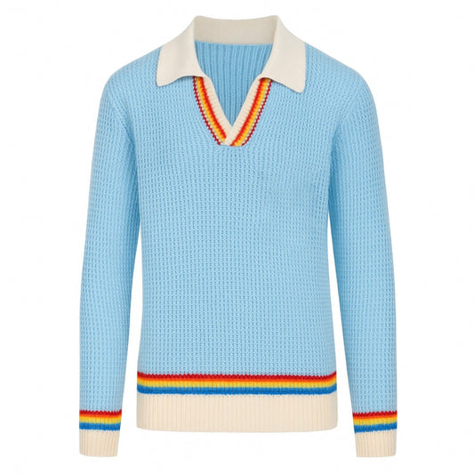 Polo tricoté V en bleu pour homme