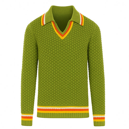 Polo homme en maille verte à rayures avec col en V