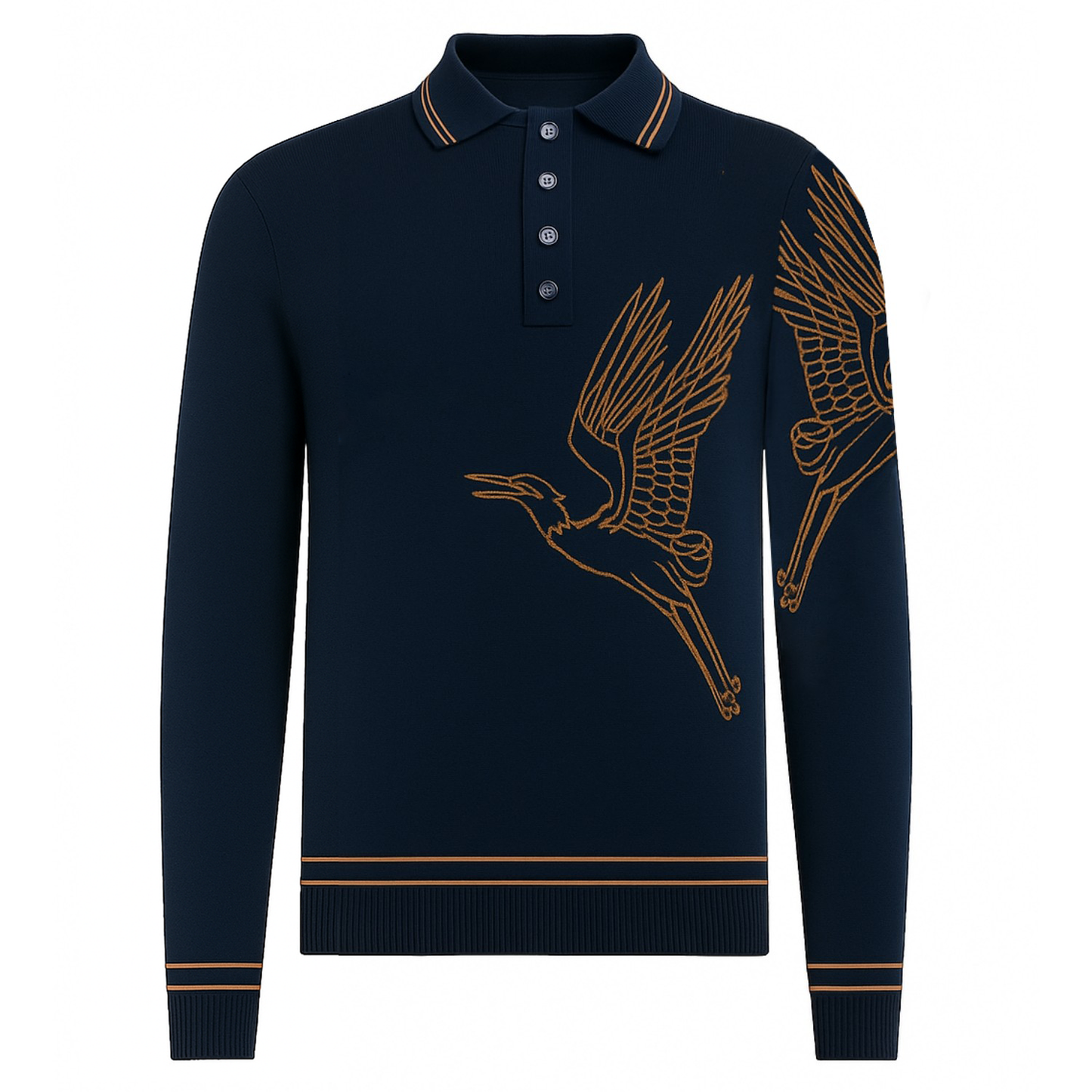 Polo en jacquard tricoté art Flying Crane pour hommes, bleu marine