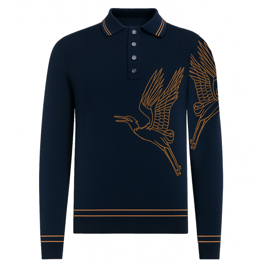Polo en jacquard tricoté art Flying Crane pour hommes, bleu marine