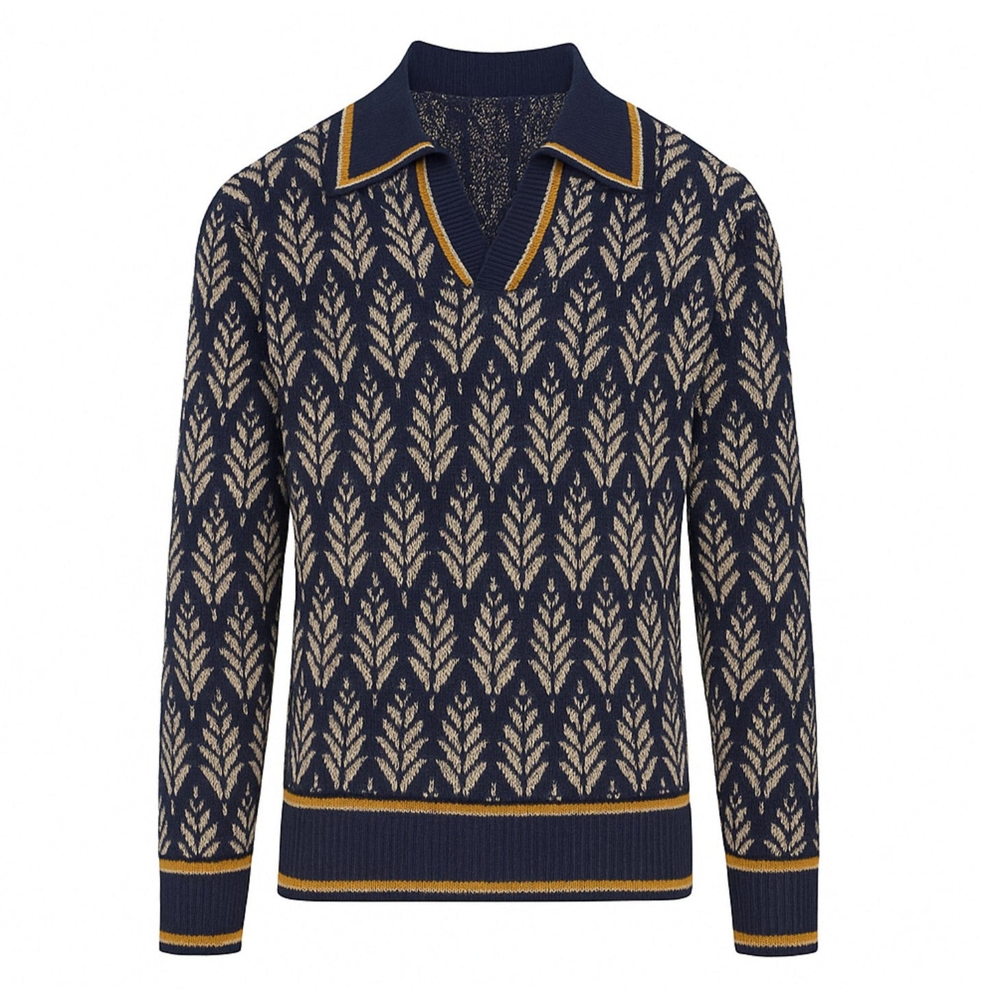 Polo en jacquard à col en V marine pour homme des années 70