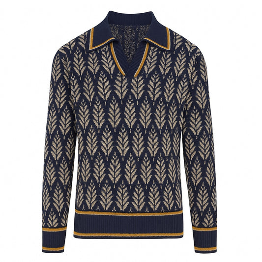Polo en jacquard à col en V marine pour homme des années 70