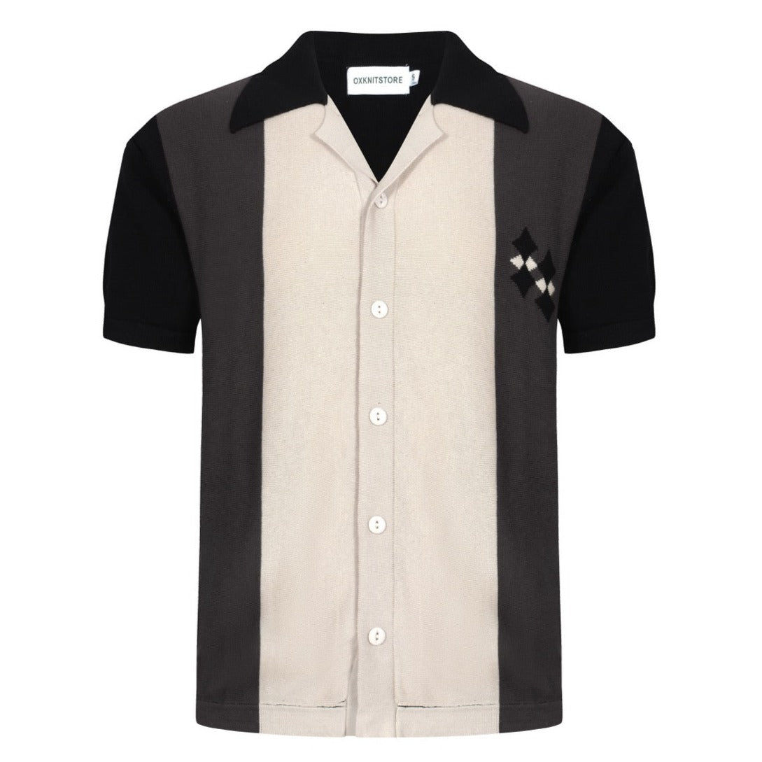 Chemise Boutonnée Tricotée Noire et Grise pour Hommes des Années 60 – Détail en Diamant sur la Poitrine
