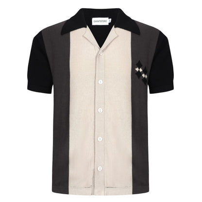 Chemise Boutonnée Tricotée Noire et Grise pour Hommes des Années 60 – Détail en Diamant sur la Poitrine