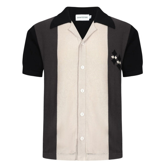 Chemise Boutonnée Tricotée Noire et Grise pour Hommes des Années 60 – Détail en Diamant sur la Poitrine