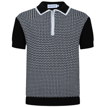Polo en tricot à zip Mod des années 60 pour hommes – Motif losange noir et blanc