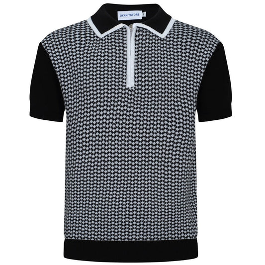 Polo en tricot à zip Mod des années 60 pour hommes – Motif losange noir et blanc