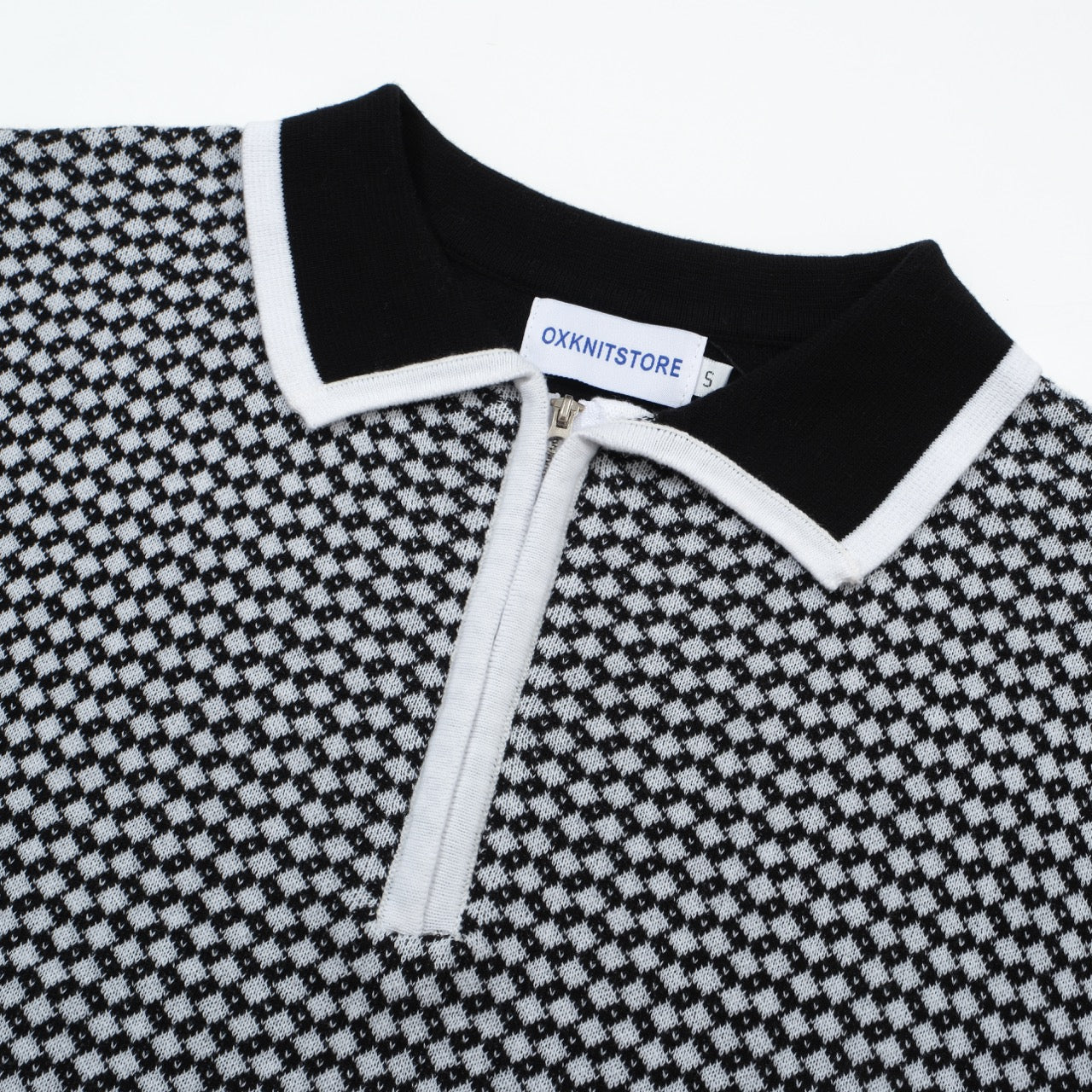 Polo en tricot à zip Mod des années 60 pour hommes – Motif losange noir et blanc