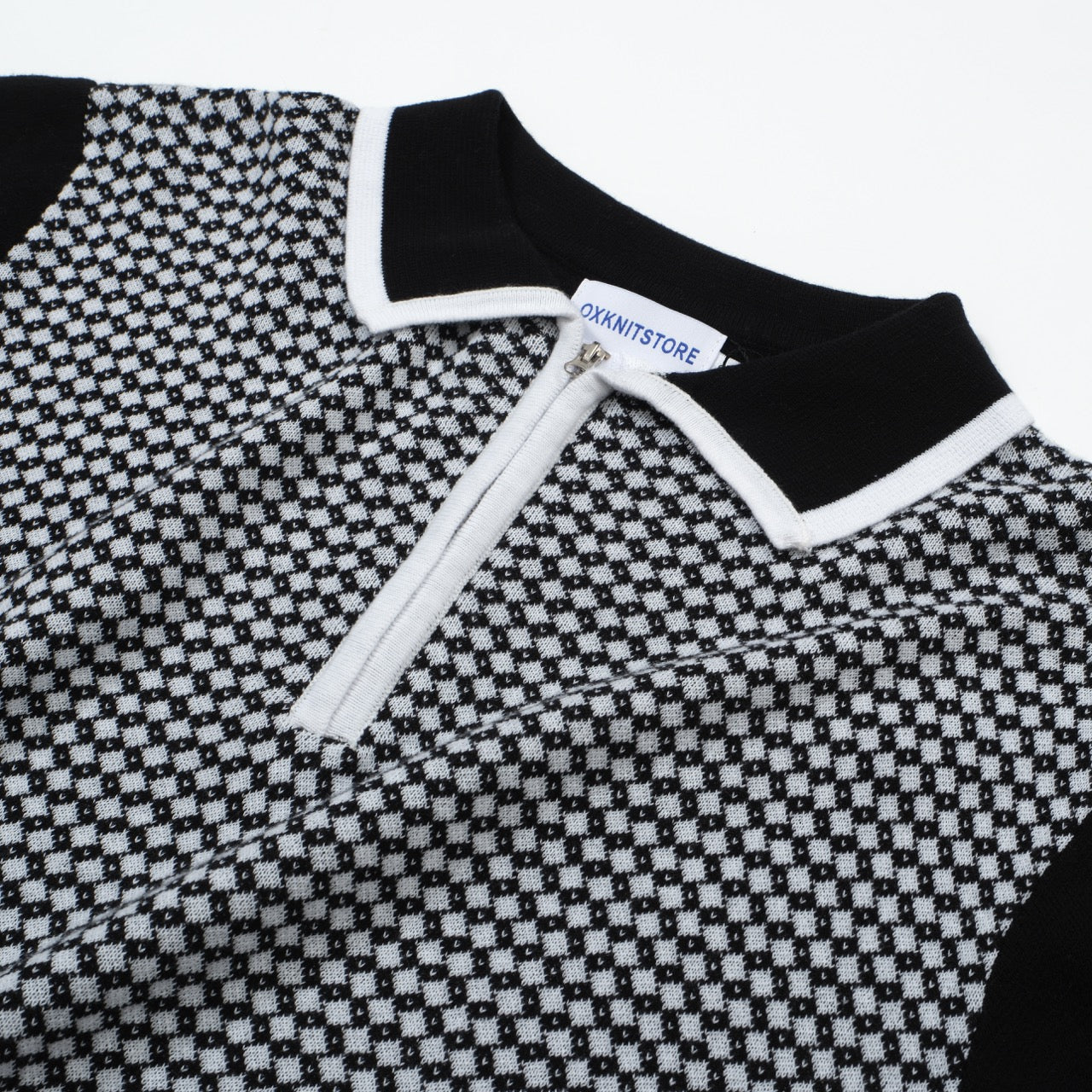 Polo en tricot à zip Mod des années 60 pour hommes – Motif losange noir et blanc