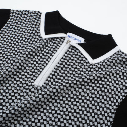 Polo en tricot à zip Mod des années 60 pour hommes – Motif losange noir et blanc