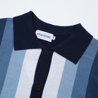 Chemise Tricotée à Rayures Verticales pour Hommes des Années 60 – Polo Boutonné Bleu Marine et Bleu Ciel