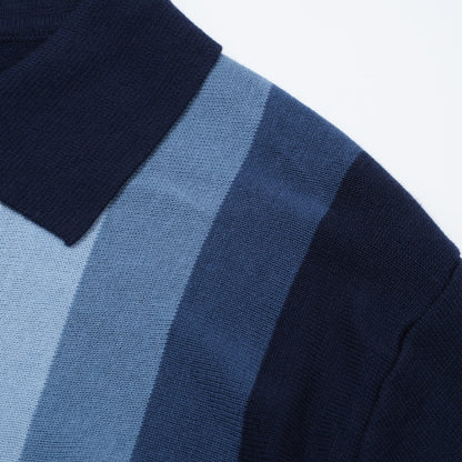 Chemise Tricotée à Rayures Verticales pour Hommes des Années 60 – Polo Boutonné Bleu Marine et Bleu Ciel