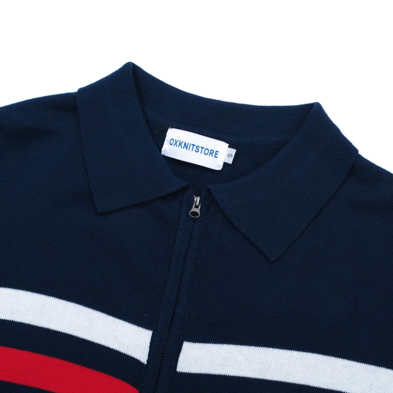 Veste tricotée zippée rétro pour hommes des années 1970 – Marine vintage avec rayures rouges et blanches