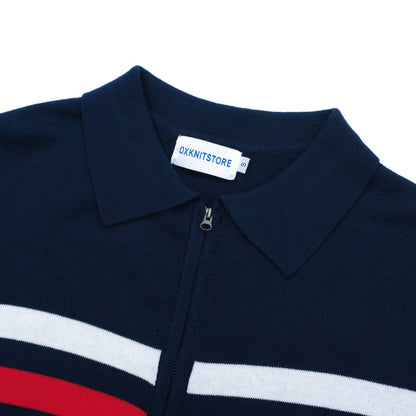 Veste tricotée zippée rétro pour hommes des années 1970 – Marine vintage avec rayures rouges et blanches