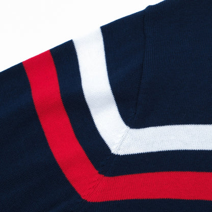 Veste tricotée zippée rétro pour hommes des années 1970 – Marine vintage avec rayures rouges et blanches