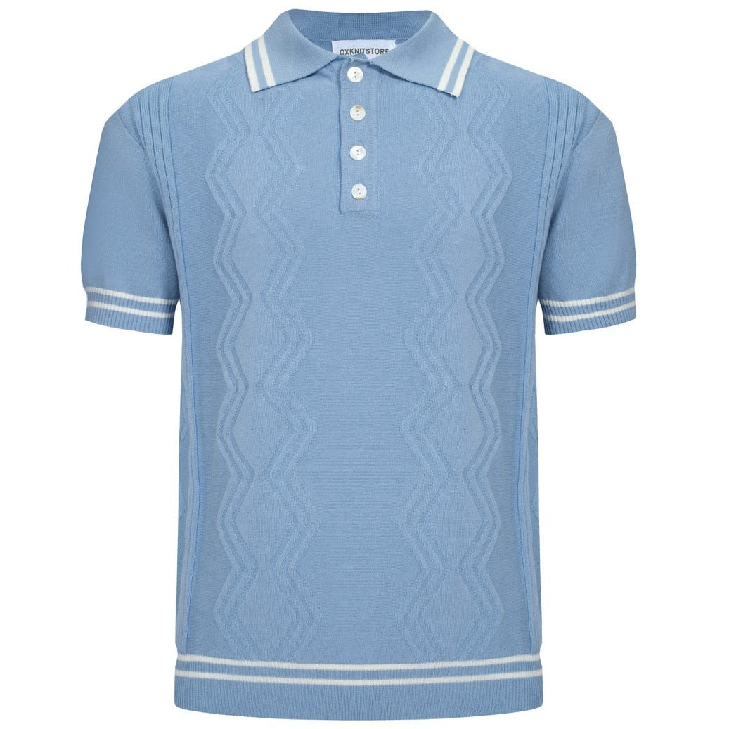 Polo Tricoté Bleu Clair pour Homme avec Panneau en Jacquard à Motif Géométrique