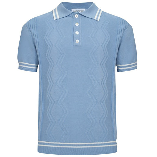 Polo Tricoté Bleu Clair pour Homme avec Panneau en Jacquard à Motif Géométrique