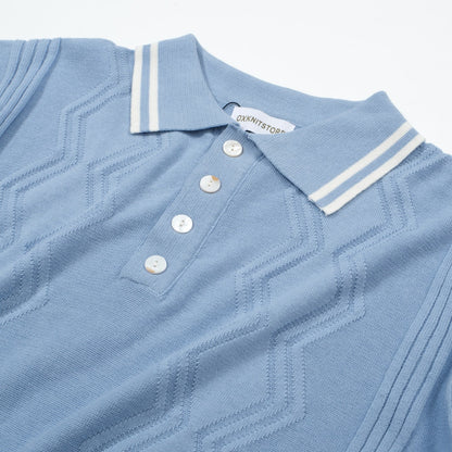 Polo Tricoté Bleu Clair pour Homme avec Panneau en Jacquard à Motif Géométrique