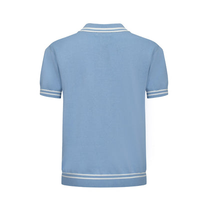 Polo Tricoté Bleu Clair pour Homme avec Panneau en Jacquard à Motif Géométrique