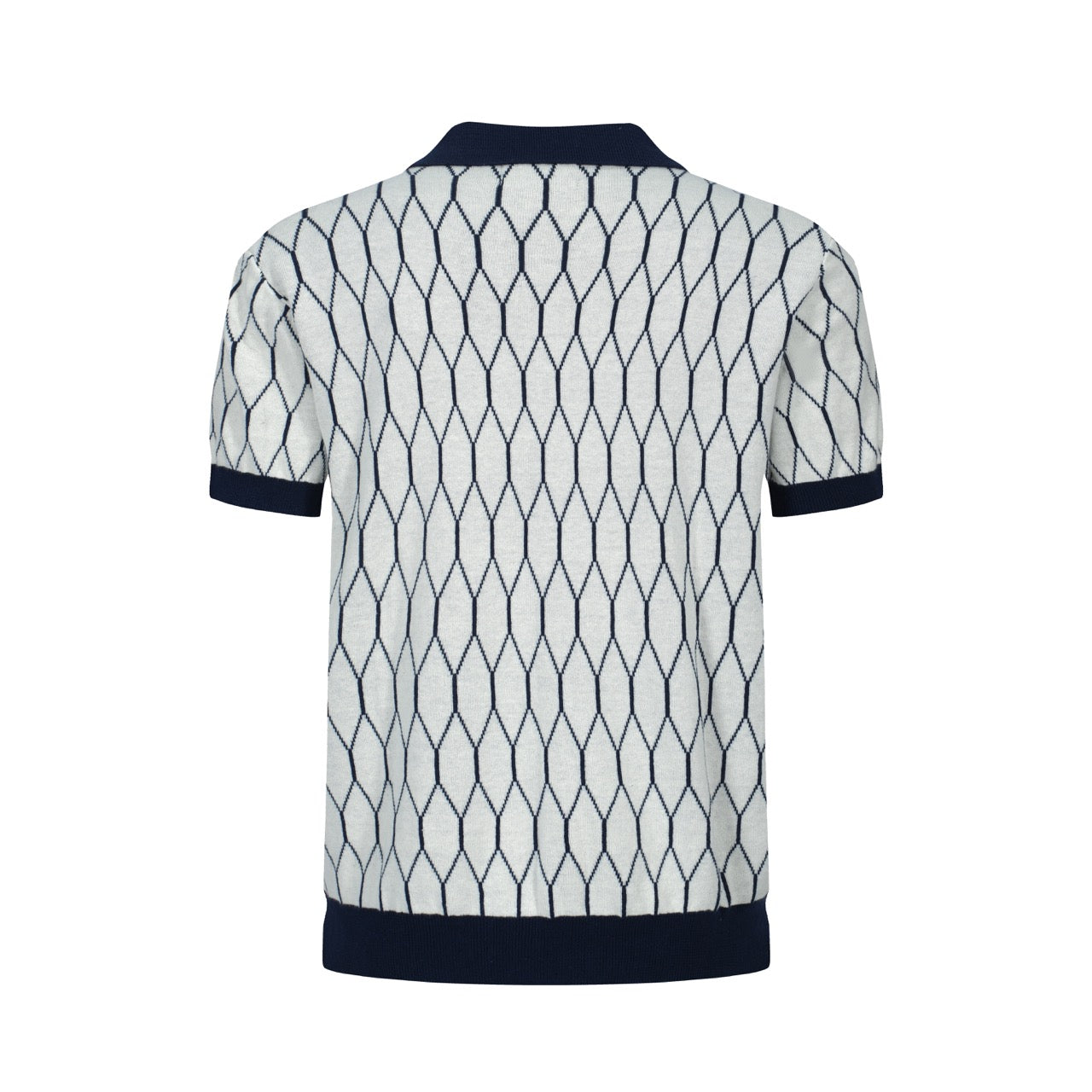 Polo en Tricot Géométrique Mod des Années 60 pour Hommes – Motif Diamant Rétro avec Bordure Marine