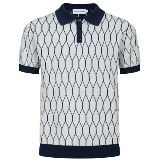Polo en Tricot Géométrique Mod des Années 60 pour Hommes – Motif Diamant Rétro avec Bordure Marine