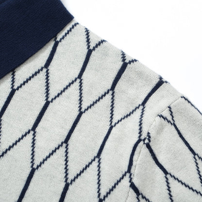 Polo en Tricot Géométrique Mod des Années 60 pour Hommes – Motif Diamant Rétro avec Bordure Marine