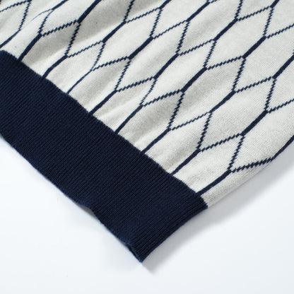 Polo en Tricot Géométrique Mod des Années 60 pour Hommes – Motif Diamant Rétro avec Bordure Marine