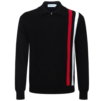 Veste en tricot zippée rétro des années 1970 pour hommes – Noir vintage avec rayures verticales rouges et blanches