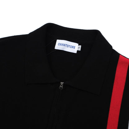 Veste en tricot zippée rétro des années 1970 pour hommes – Noir vintage avec rayures verticales rouges et blanches