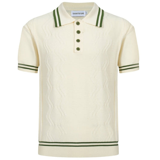 Polo en Tricot Crème pour Hommes avec Bord Vert – Style Vintage Mod des Années 1960